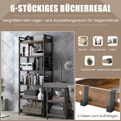 COSTWAY Bücherregal mit 6 Ebenen Standregal Metall mit 4 Hacken