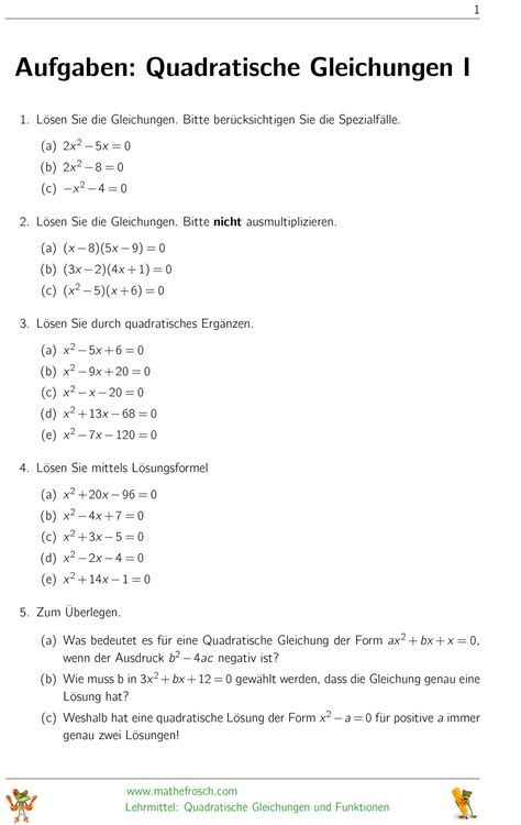 Quadratische Gleichungen Aufgaben 1 Mathematik Lernen