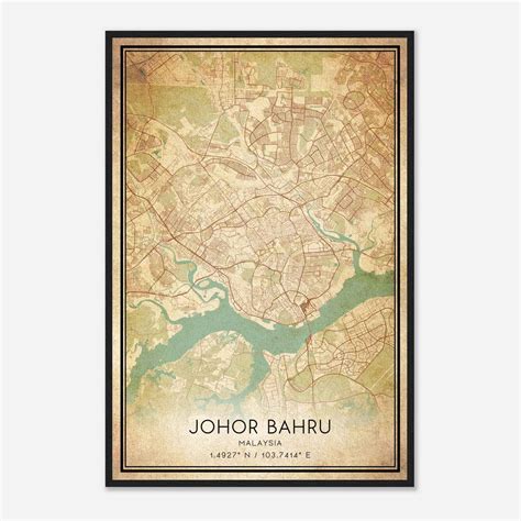 Vintage Johor Bahru Malaysia Map Poster Johor Bahru City Road Wall Art