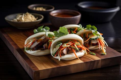 Premium Ai Image Bao Bun With Slowroasted Pork Belly Pickled Vegetables And Sriracha