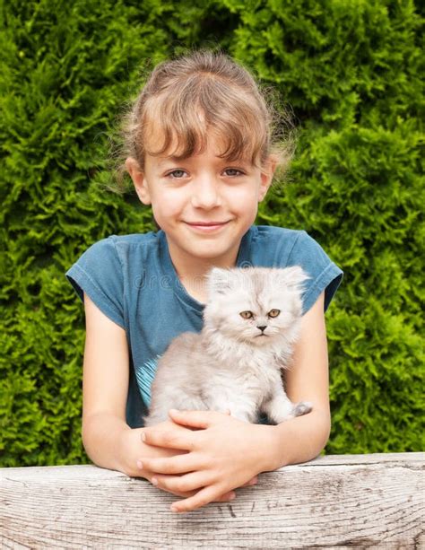 Jeune Fille Avec Le Chaton Du Chat Persan Photo Stock Image Du