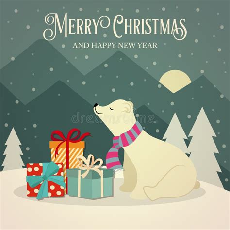 Retro Christmas Card With Polar Bears And Presents Stock Vector