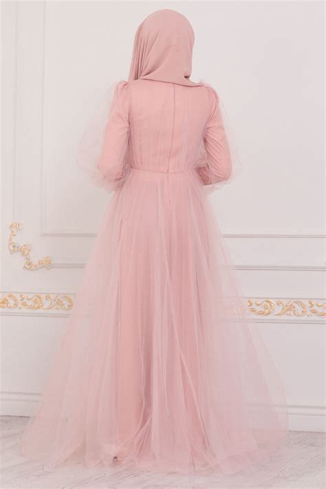 Tesettürlü Abiye Elbise Powder Pink Hijab Evening Dress 4079pd