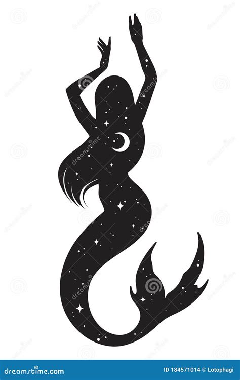 Beautiful Mermaid Silhouette With Crescent Moon And Stars In Profile