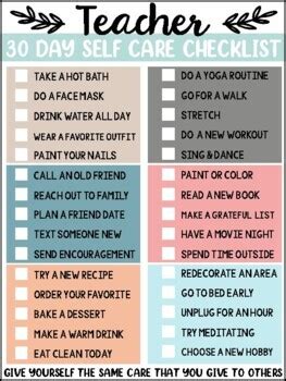 Self Care Checklist For Teachers By Mrs Cowmans Classroom Tpt