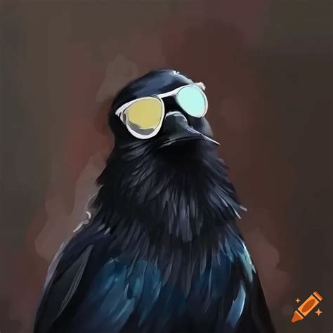 Portrait Of A Crow Wearing Silver Sunglasses