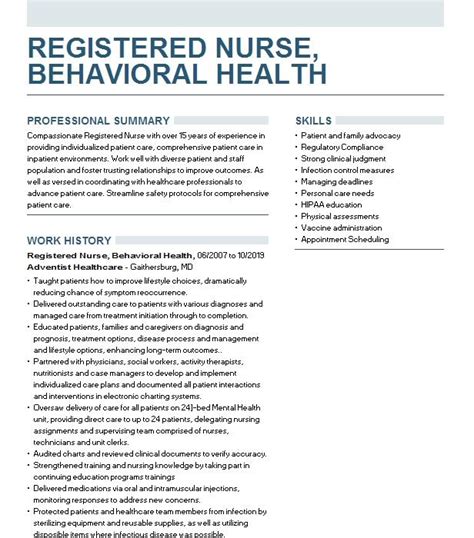 Registered Nurse Behavioral Health Resume Example