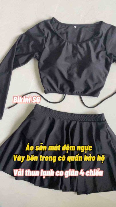 Đồ bơi nữ kín đáo bikini 2 mảnh tay dài phối chân váy xòe màu đen phong cách hàn quốc đi biển