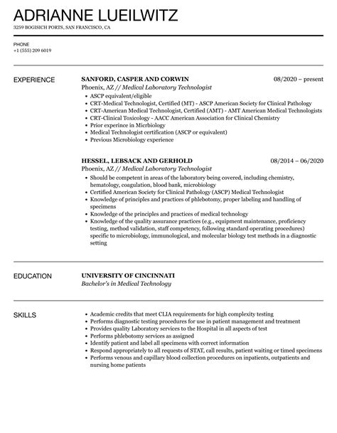 Medical Laboratory Technologist Resume Samples | Velvet Jobs