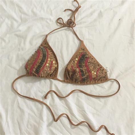 River Island Brown Embellished Bikini Top Worn Only Depop