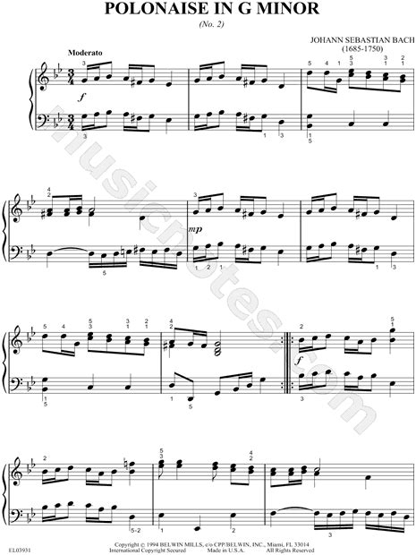 Johann Sebastian Bach Polonaise In G Minor Sheet Music Piano Solo