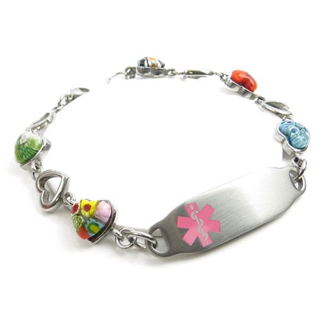 Womens Medical Alert Bracelet Engraved Murano Glass Hearts