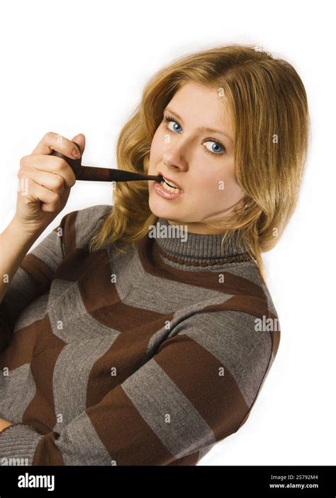 Pretty Blonde Girl Smoking Pipe Isolated On White Stock Photo Alamy