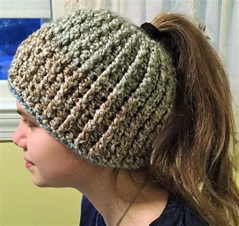 Crochet Ponytail Hat Messy Bun Beanie Handmade With Homespun Yarn In