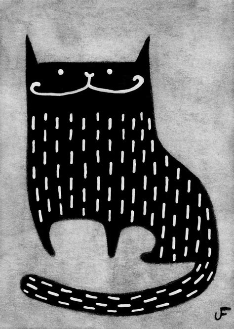 Aceo Art Print Black Cat Folk Art Trading Card Illustration Weird Stuff