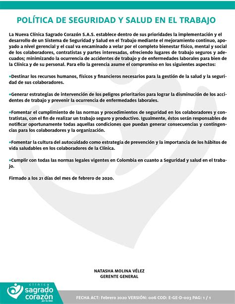 Política De Seguridad Y Salud En El Trabajo Clínica Sagrado Corazón