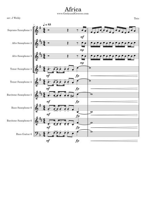 Africa Toto Sheet Music For Saxophone Alto Saxophone Tenor