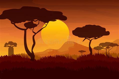 Paysage Africain Coucher De Soleil Dans La Savane En Dessin Animé