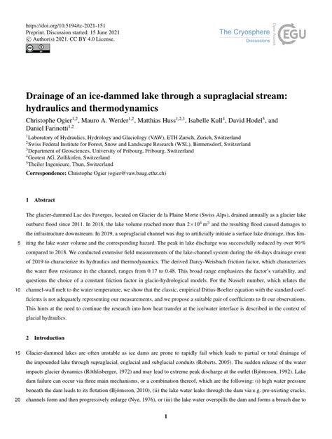 PDF Drainage Of An Ice Dammed Lake Through A Supraglacial Stream