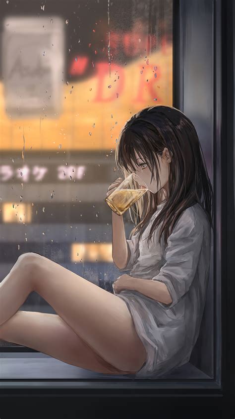 Anime Girl Drinking with Cat 4K #6230f Wallpaper iPhone Phone