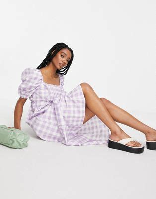 River Island Gingham Check Shirred Midi Dress In Purple ASOS