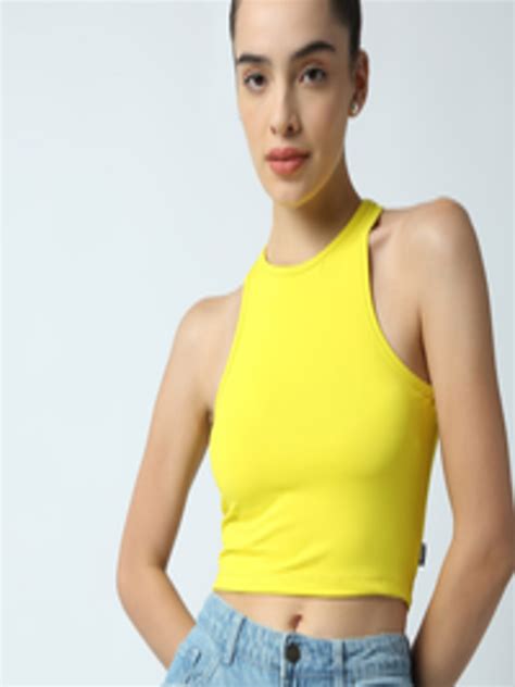 Buy Disrupt Womens Yellow Racer Back High Neck Slim Fit Smart Crop Top Tops For Women