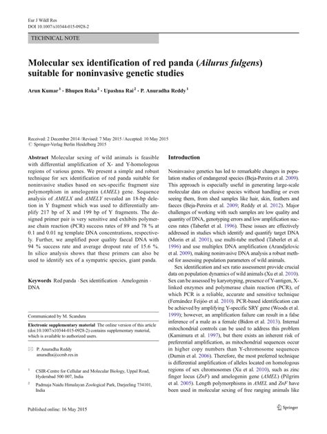 Pdf Molecular Sex Identification Of Red Panda Ailurus Fulgens Suitable For Noninvasive