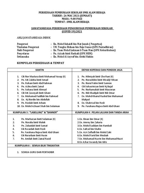 Persediaan Pembukaan Sekolah Smk Alam Beraja 5 April 2021 Pdf