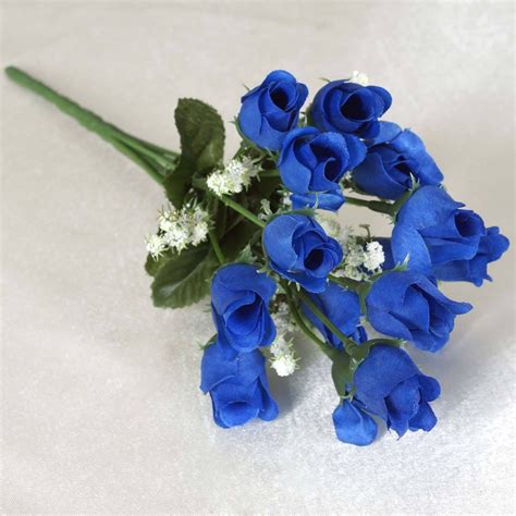 12 Bush 180 Pcs Royal Blue Artificial Silk Rose Bud Flowers With Baby