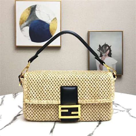 Fendi Women Iconic Baguette Large Size Natural Straw Bag Beige God