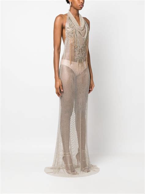 Genny Rhinestone Embellished Sheer Gown Gold Farfetch