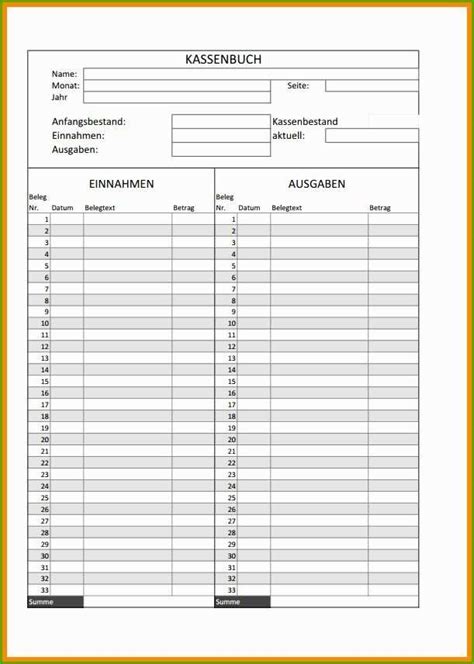 Kassenbuch Vorlage Kostenlos Zum Ausdrucken