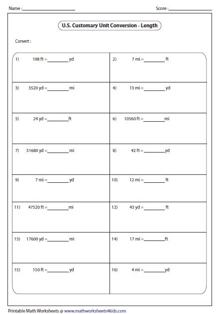 Us Customary Unit Conversion Worksheets