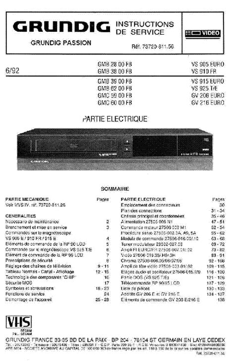 GRUNDIG VS-905 EURO VS-910 FR VS-915 VS-925 T-E GV-206 EURO GV-216 EURO ...