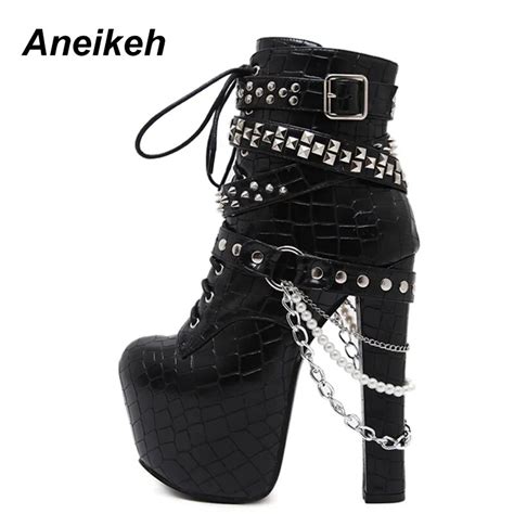 Aneikeh Zip Metal Chains Rivet Motorcycle Boots Women Shoes Super High