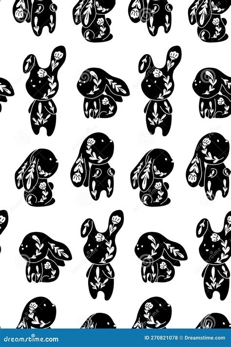 Vector Monochrome Seamless Pattern With Decorated Bunnies And Flowers Nursery Texture With