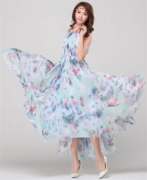 Chiffon Water Floral Bridesmaid Holiday Beach Lightweight Maxi Dress