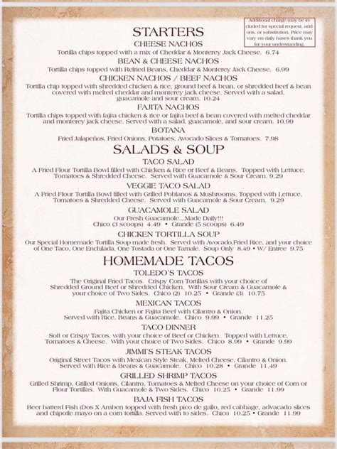 Menu at Toledo's Méxican Grill restaurant, Mustang