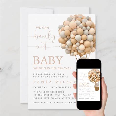 Neutral Hot Air Balloon Bear Baby Shower Invite Zazzle