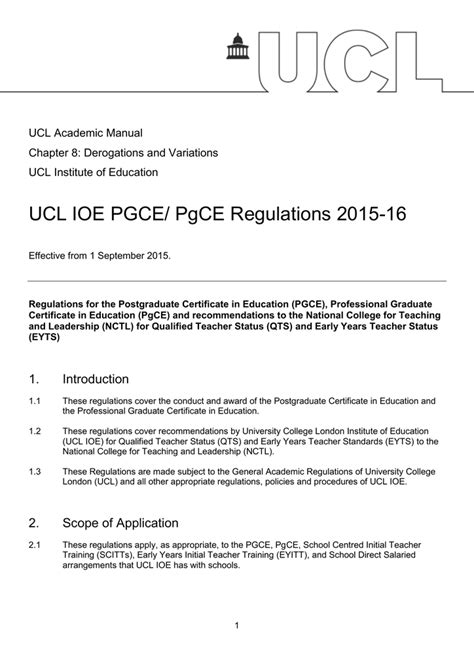 Ucl Ioe Pgce Pgce Regulations 2015 16 Ucl Academic Manual