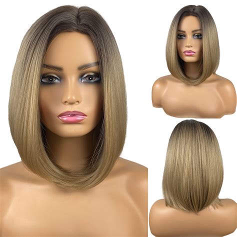 MIMISERVICE Ash Blonde Straight Bob Wig Shoulder Length Ombre Wigs With