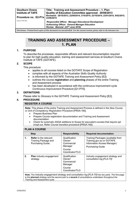 Training And Assessment Procedure 1 Plan