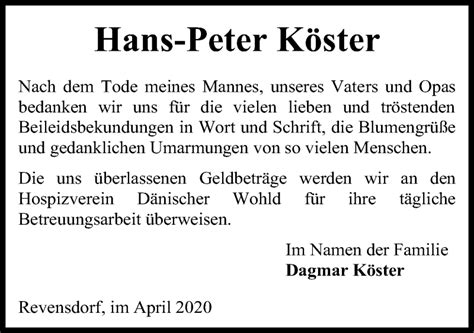 Traueranzeigen Von Hans Peter K Ster Trauer Anzeigen De