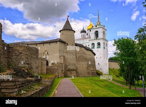The Pskov Kremlin with surrounding walls and Trinity Church, Pskov ...