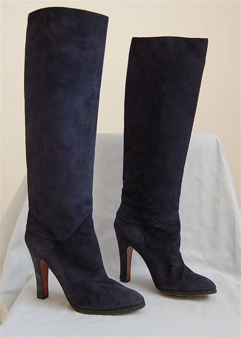 The Navy Blue Tall Suede High Heel Boots 1980s Boots Size 7