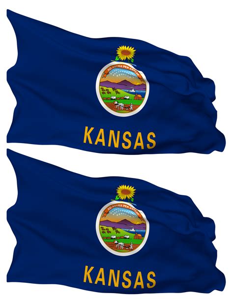 State Of Kansas Flag Waves Isolated In Plain And Bump Texture With