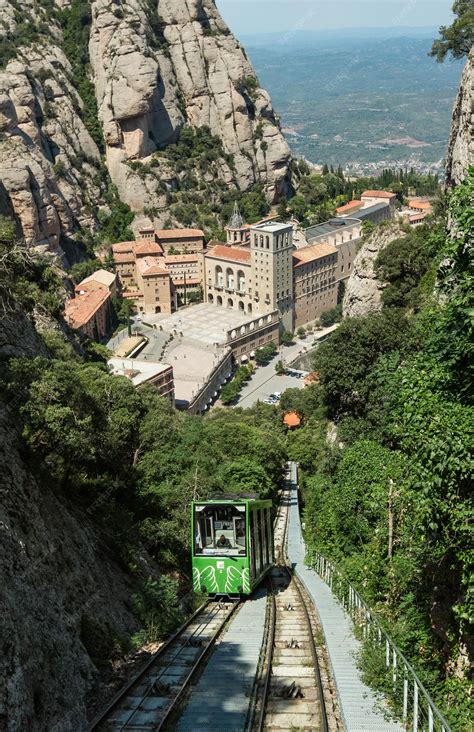 Premium Photo | Montserrat cable car funicular with a view of ...