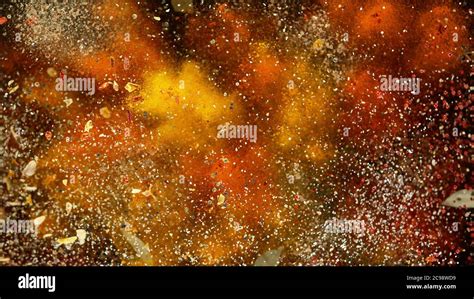 Freeze Motion Of Various Spice Explosion Abstract Culinary Background