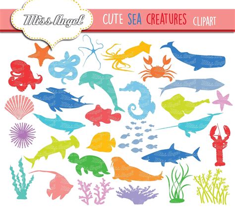 Sea Creatures Clip Art Digital Sea Animals Silhouettes Printable