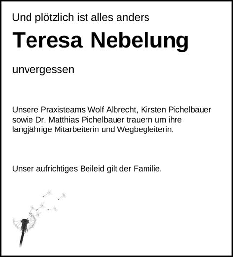 Traueranzeigen von Teresa Nebelung Märkische Onlinezeitung Trauerportal